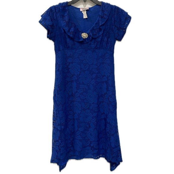 Royal Blue All Over Lace Sparkle Stretch Handkerchief Hem Girl's Dress Size 14 - Picture 1 of 12